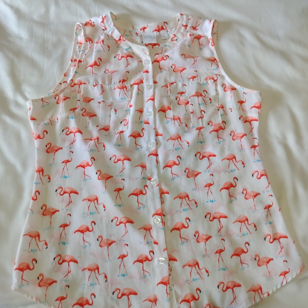 Soho Jeans White Sleeveless Top with Pink Flamingos Size Small Two Front Pockets